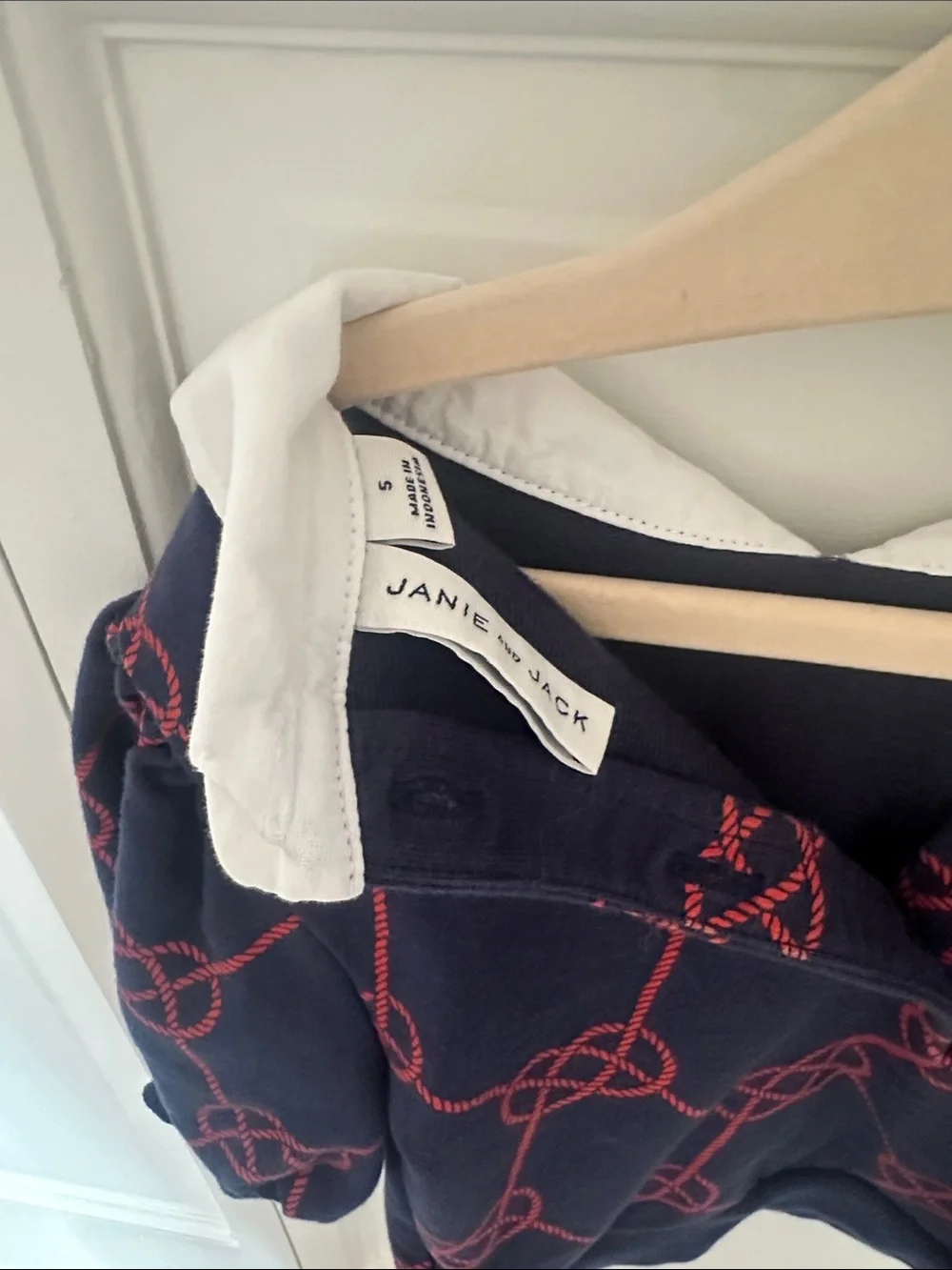 Janie and Jack Navy Sweatshirt with White Peter Pan Collar and Red Rope Print